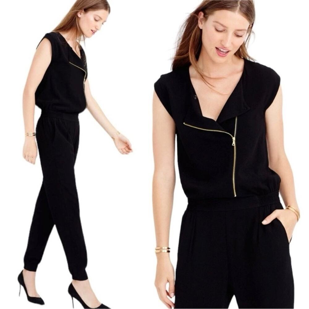 J. Crew Asymmetrical Black Sleeveless Jumpsuit w/ Gold Zipper Women's Sz 0 C9229